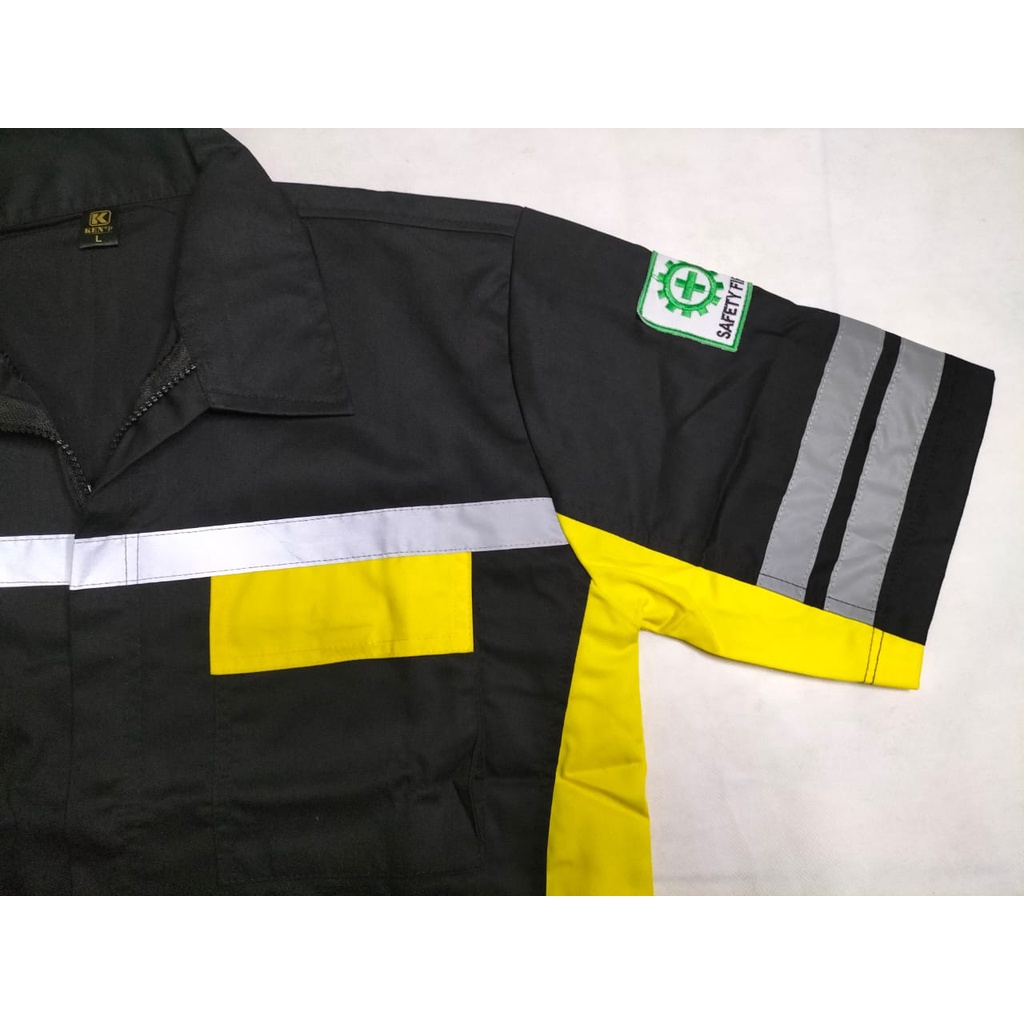 Kemeja Safety Lengan Pendek  | Baju Proyek Wearpack Double Scotlight | Hitam Kuning