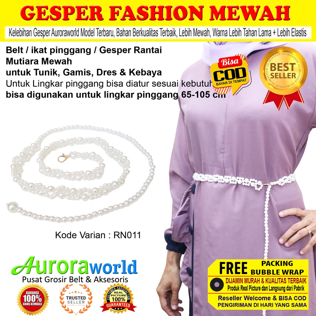 Auroraworld Belt wanita ikat pinggang mutiara Belt wanita gesper rantai mewah untuk dress gamis tunik ikat Pinggang Fashion Terbaru bisa COD RN-1B