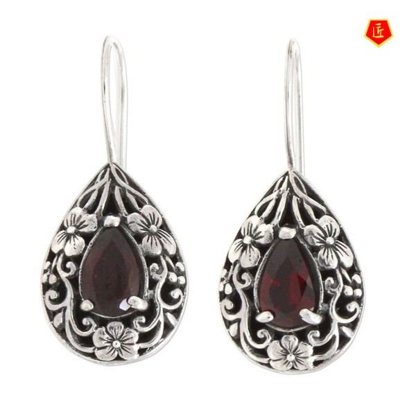 [Ready Stock]Vintage Silver Carved Flowers Ruby Earrings