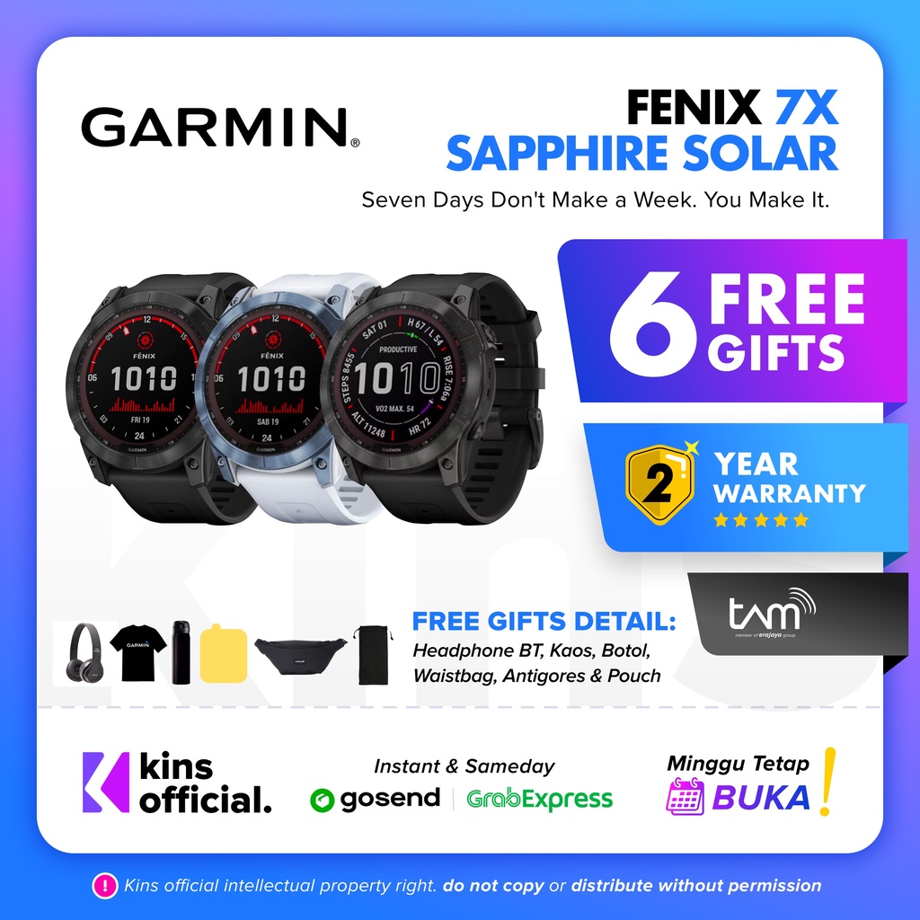 Garmin Fenix 7X Sapphire Solar Carbon / Black /Blue Titanium Resmi TAM