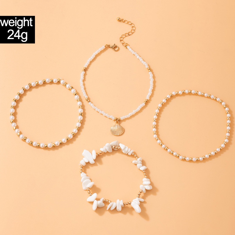 4pcs / Set Gelang Kaki Rantai Manik-Manik Batu Putih Emas Multilayer Gaya Bohemian Untuk Wanita