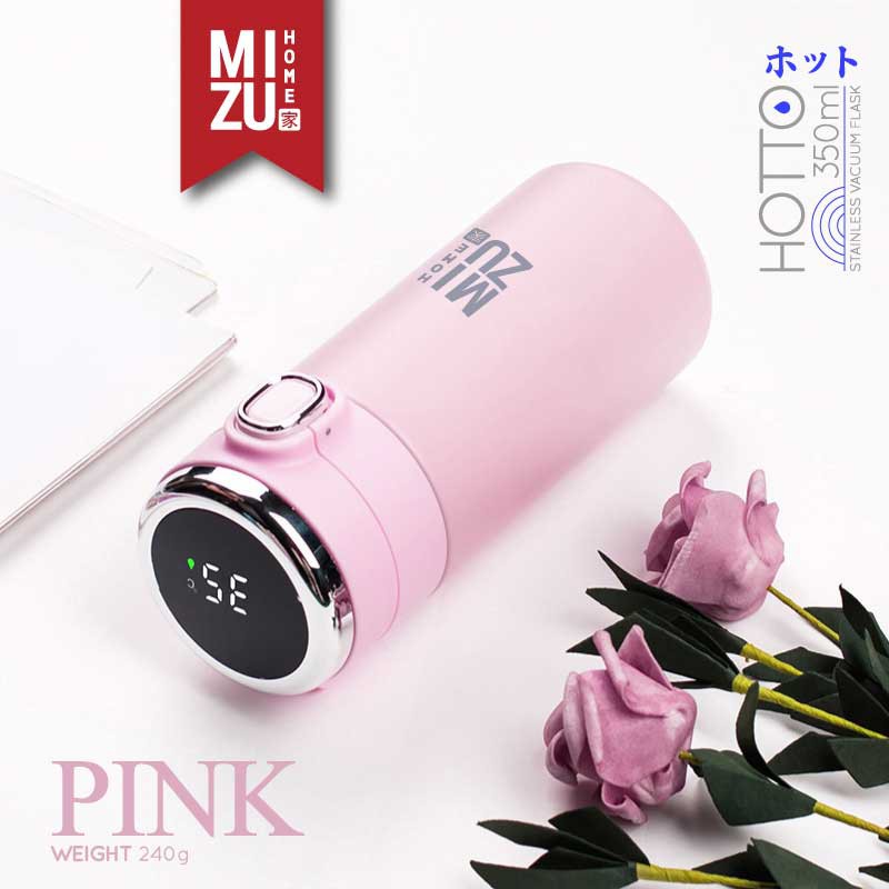 MIZU HOTTO Stainless Vacuum Flask 350ml Temperature Display Travel Thermos Botol Minum Termos-PINK merah muda