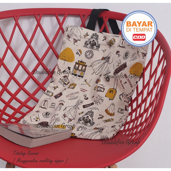 TOTE BAG WANITA TOTEBAG PRIA CANVAS MOTIF GOOD QUALITY WITH RESLETING KODE - 036