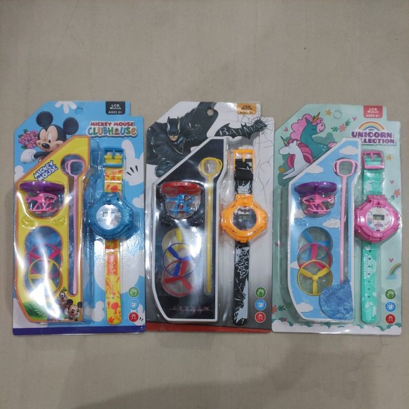 Jam Tangan Anak Digital Free Mainan Helikopter Gasing - Karakter Superhero Batman / Princess Sofia / Frozen / Mickey Mouse / Unicorn