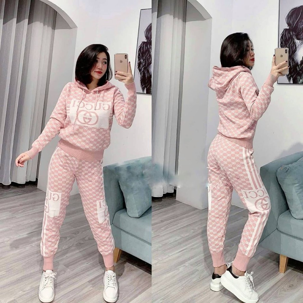 FASHION PAKAIAN SETELAN IMPORT BAJU HOODIE GC SET CELANA PANJANG JOGER JOGGER WANITA RAJUT F1120