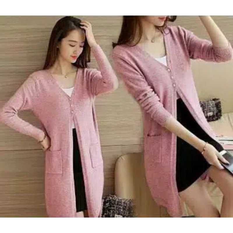Sweater Long Panjang Cardigan Rajut Feliz Long Cardi Kancing-Pink dusty