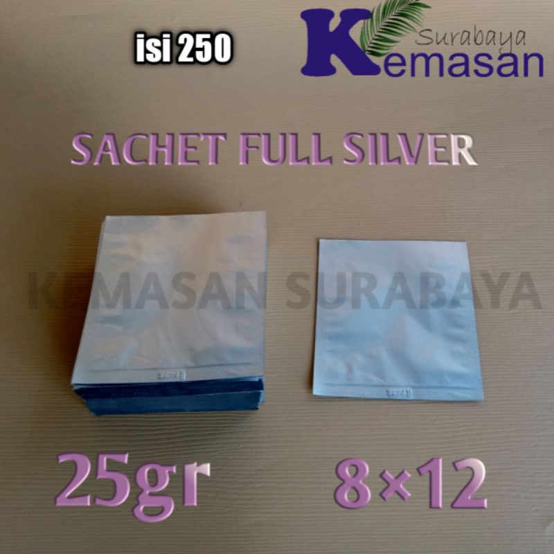 isi250 SACHET SILVER ALUMINIUM FOIL25 gr 8x12cm KPACK KEMASAN BUBUK KOPI MASKER BUMBU KPACK