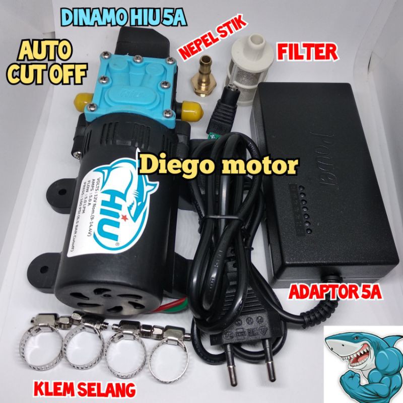 PAKET HEMAT pompa air tekanan tinggi DC 12V Hiu Adaptor 5Ampere