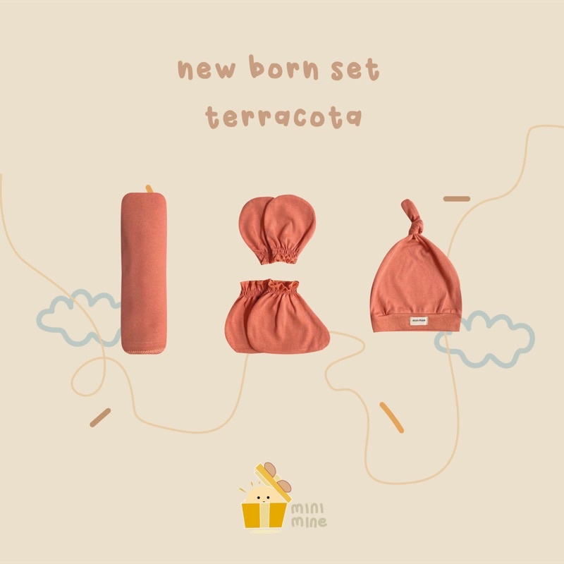 Minimine - New Born Set New Color ( Swaddle + Knot Hat + Mitten and Botties ) berisi bedong, topi, dan sarung tangan dan kaki bayi baru lahir-TERRACOTA