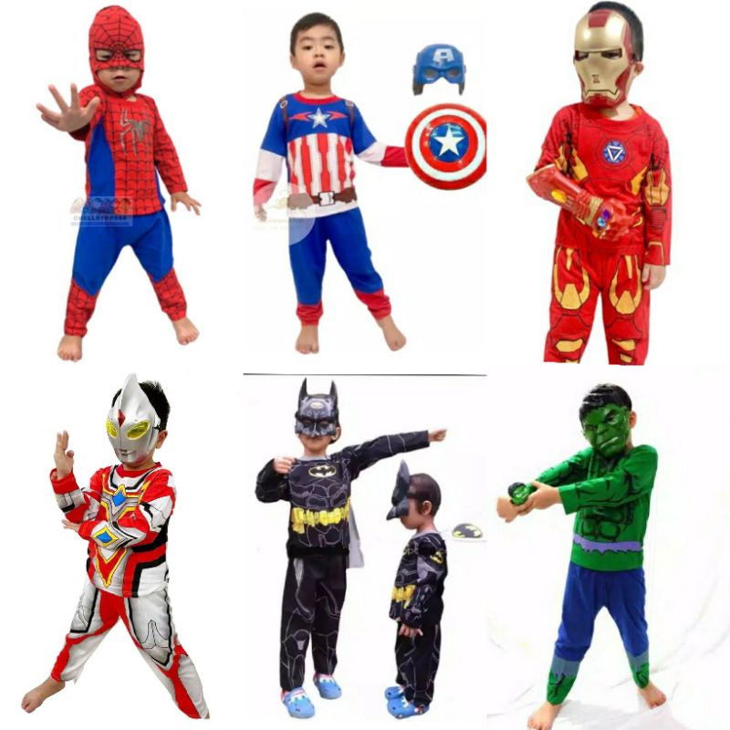 KOSTUM BAJU ANAK LAKI LAKI SPIDERMAN CAPTAIN AMERICA HULK ULTRAMEN IRON MAN DAPAT TOPENG