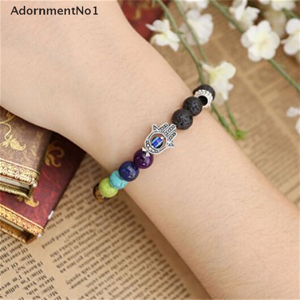 (AdornmentNo1) Gelang Tangan Batu Lava Aksen Tangan Hamsa + Kristal + Chakra Untuk Penyembuhan Reiki