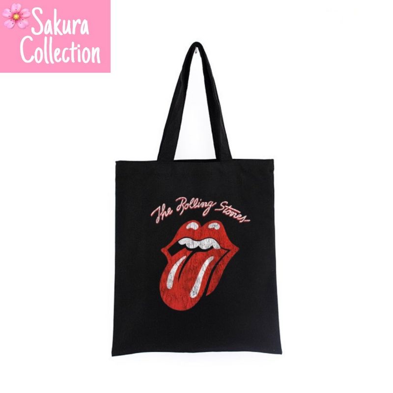 Tote Bag tas BAND THE ROLLING Stones 1 musik Heavy rock metal tote bag resleting pria wanita tas sekolah / tas ngaji / tas kerja / tas belanja unisex canvas kekinian hitam/black tas jinjing/laptop fashion