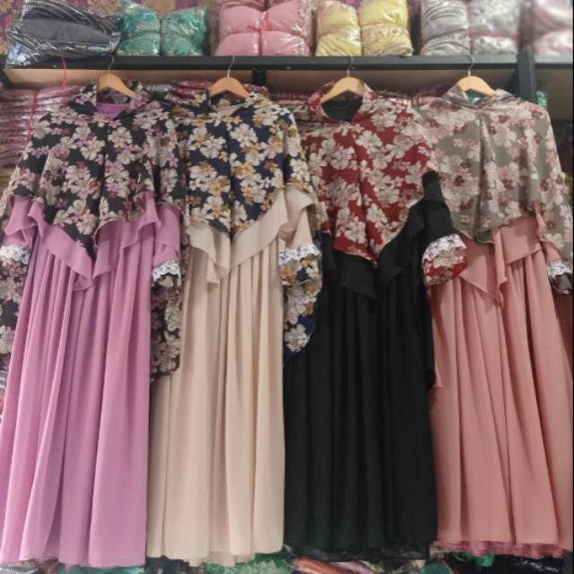 SAFIYA SYARI GAMIS PLISKET KHIMAR MOTIF BUNGA BESAR