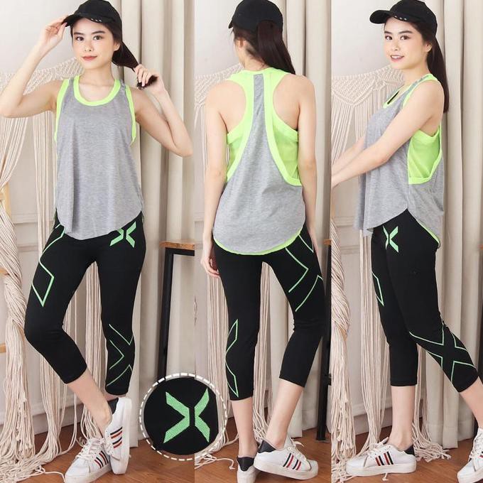 setelan baju senam wanita-setelan bj fitness wanita-setelan baju jala - Hijau