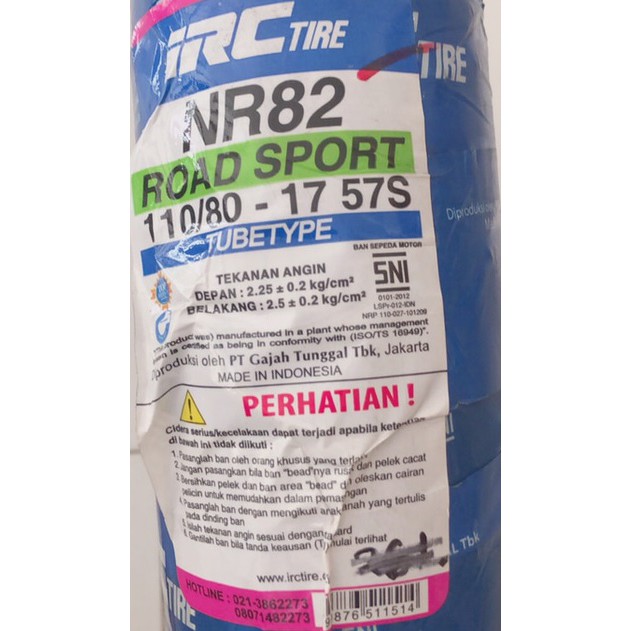 BAN LUAR IRC 110/80-17 NR 82 TUBETYPE