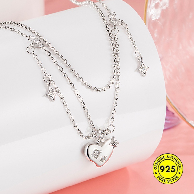 Kalung Rantai Sterling Silver 925 Dengan Liontin Salib + Hati Untuk Wanita