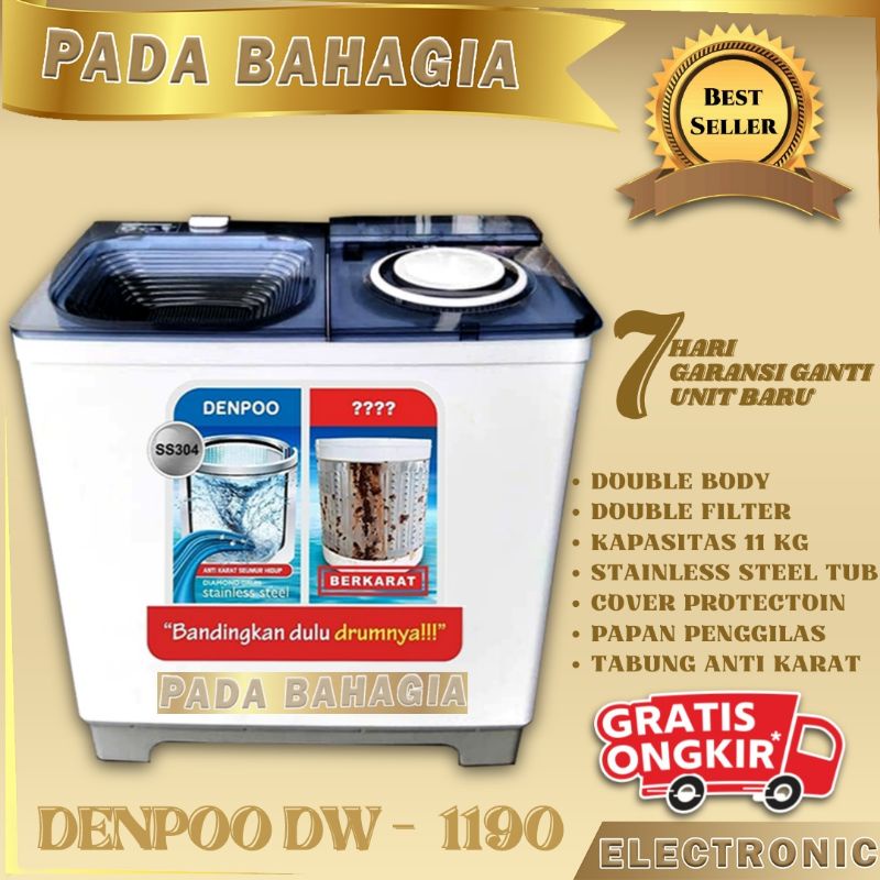 MESIN CUCI 2 TABUNG 11 KG DENPOO DW 1190 TABUNG STAINLESS STELL