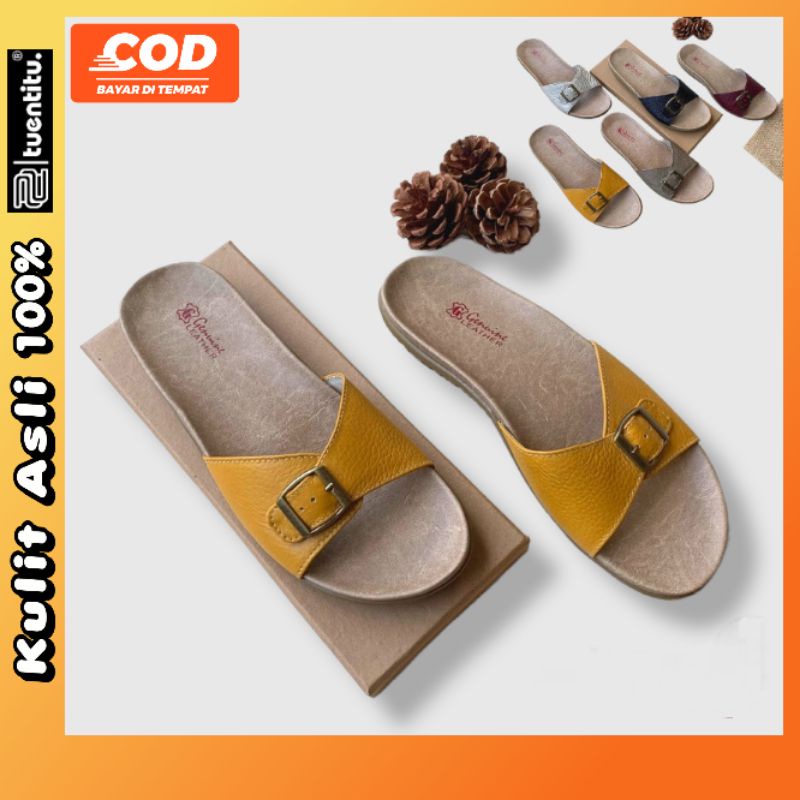 Sandal Wanita Kulit Asli Papirut Sukaregang Garut Sendal Sndal Flat Ring Gesper