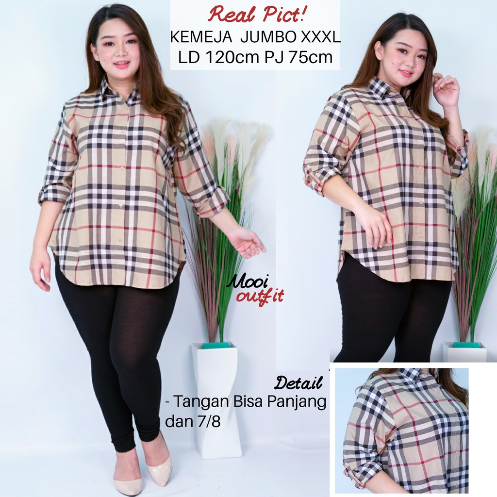 Mooi Outfit - Kemeja Jumbo Blueberry Katun Poly Xxxl Motif Tartan Kotak Big Size Kemeja Kerja Jumbo Wanita Murah