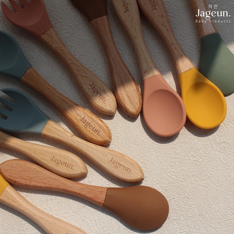 JAGEUN Premium Silicone Wood Spoon n Fork | Sendok Garpu Kayu Bambu Set Alat Makan MPASI Bayi