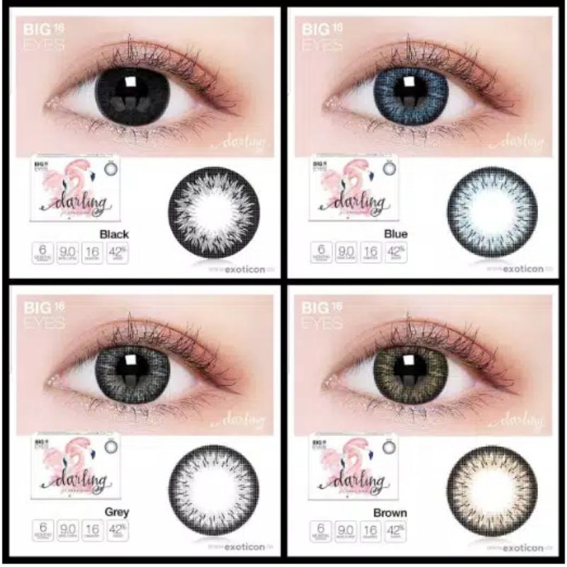 SOFTLENS X2 DARLING NORMAL &amp; MINUS -0.50 sd -3.00 FREE LENSCASE DIA 16MM BIG EYES GREY BROWN BLUE BLACK BY EXOTICON / Softlen Soflen Soflens