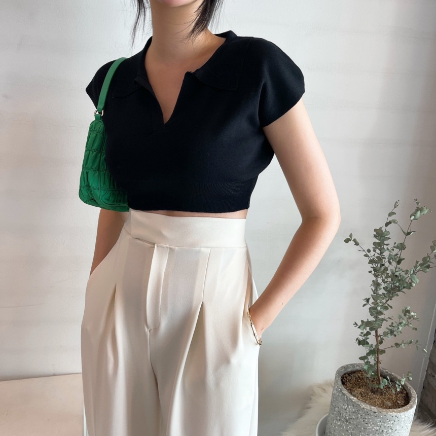 XIAOZHAINV Korean Vneck Crop Top Blouse Polo Shirt Atasan Wanita