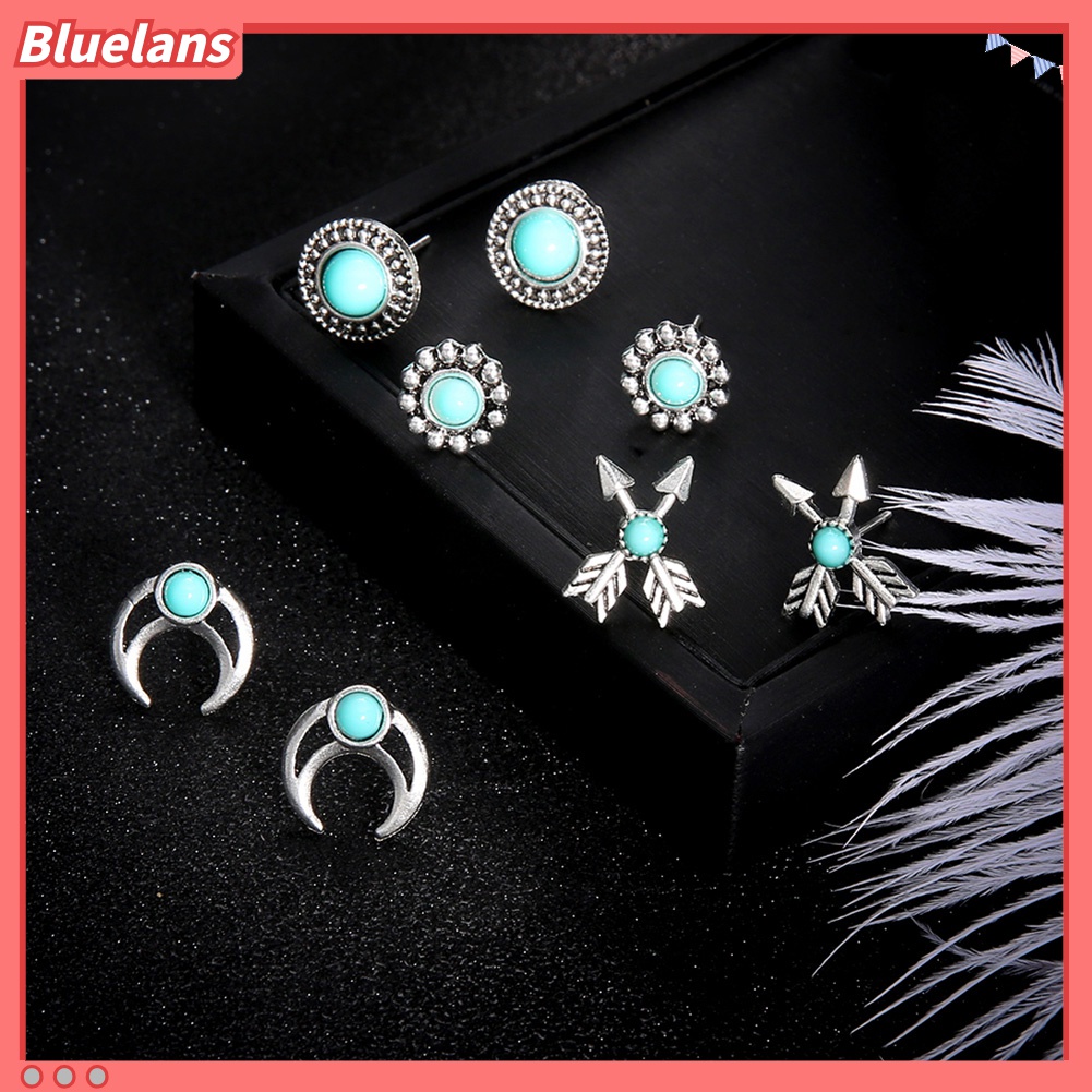 4 Pasang Anting Stud Desain Bunga Panah Turquoise Tiruan Untuk Wanita