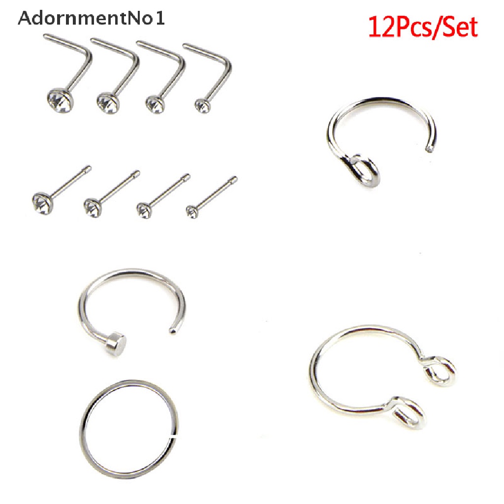 (AdornmentNo1) 12pcs / Set Cincin Tindik Hidung / Tubuh Bahan Surgical Steel Hias Kristal Untuk Wanita