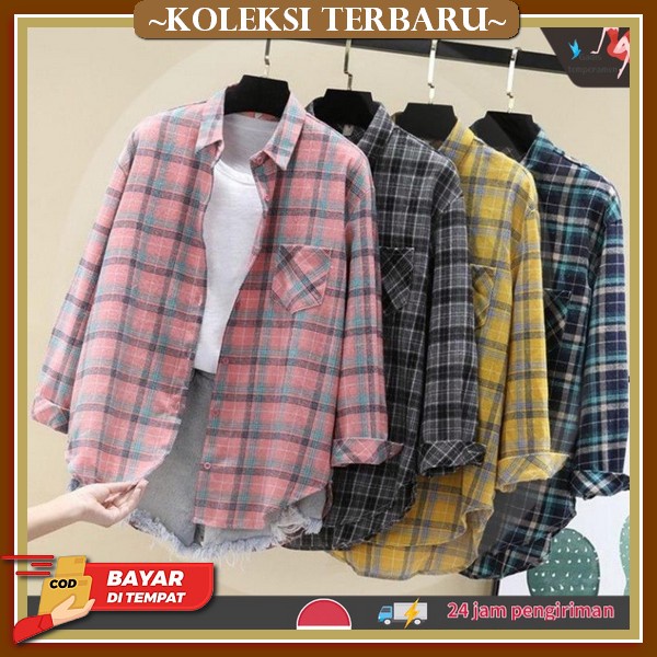 Kemeja Outer Kotak Flanel Wanita Kemeja Jenie Batwing Oversize Kotak Kotak Lengan Balon Crop Top Cas