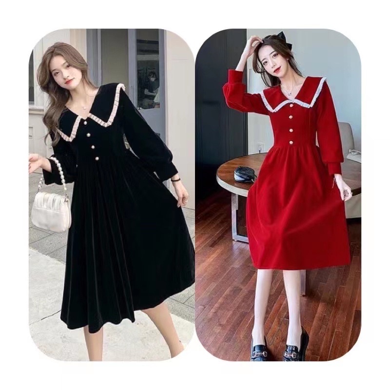 H7 D21/21 Korean velvet midi dress long sleeve import / gaun panjang beludru lengan panjang leher collar kancing / vintage dress