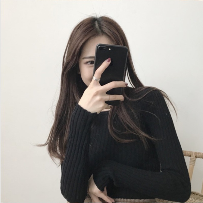 Sweater Rajut Lengan Panjang Kerah Setengah Tinggi Wanita Korea