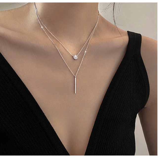 Kalung Choker Rantai 925 Silver Double Layer Dengan Liontin Zircon Bulat Untuk Wanita