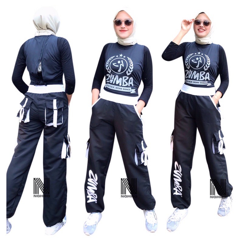 Cargo parasut zumba hitam sablon putih / celana training parasut untuk zumba fitness running unisex