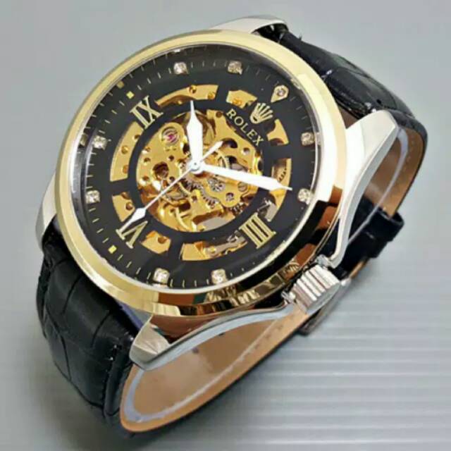 Jam tangan pria tali kulit rolex automatic