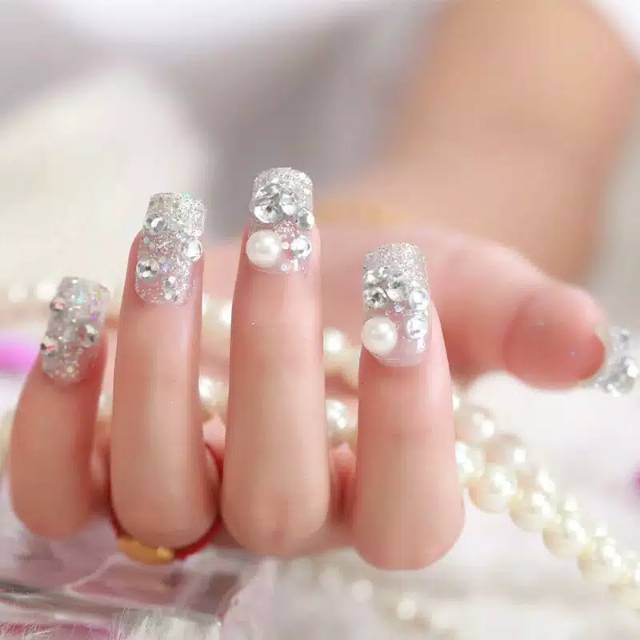 (GRP - GRPO) Wedding fake nail Gliter Rhinestone Pearl kuku palsu pernikahan hias 3D