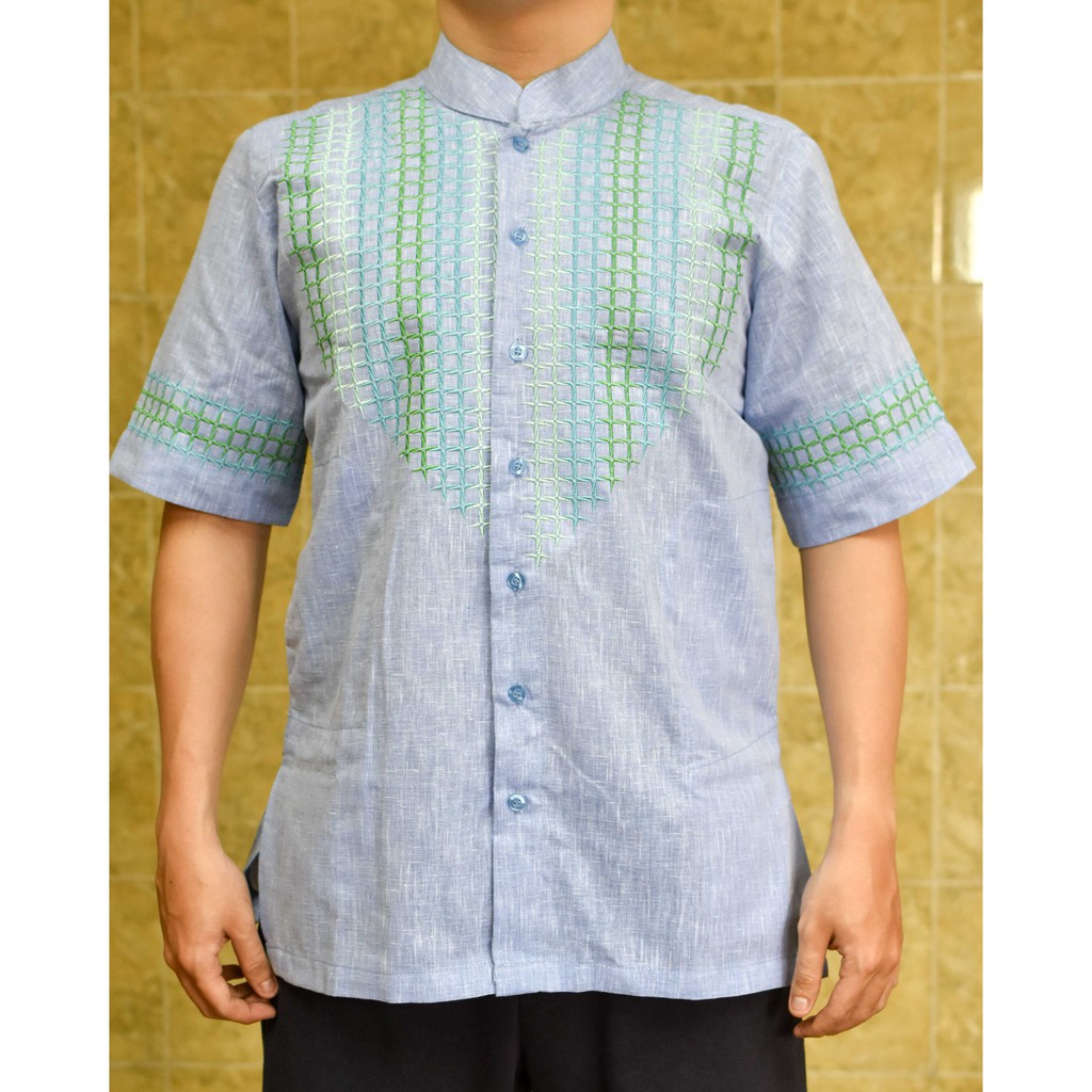 Baju Koko Pria Biru Muda Bermotif Lengan Pendek - 017
