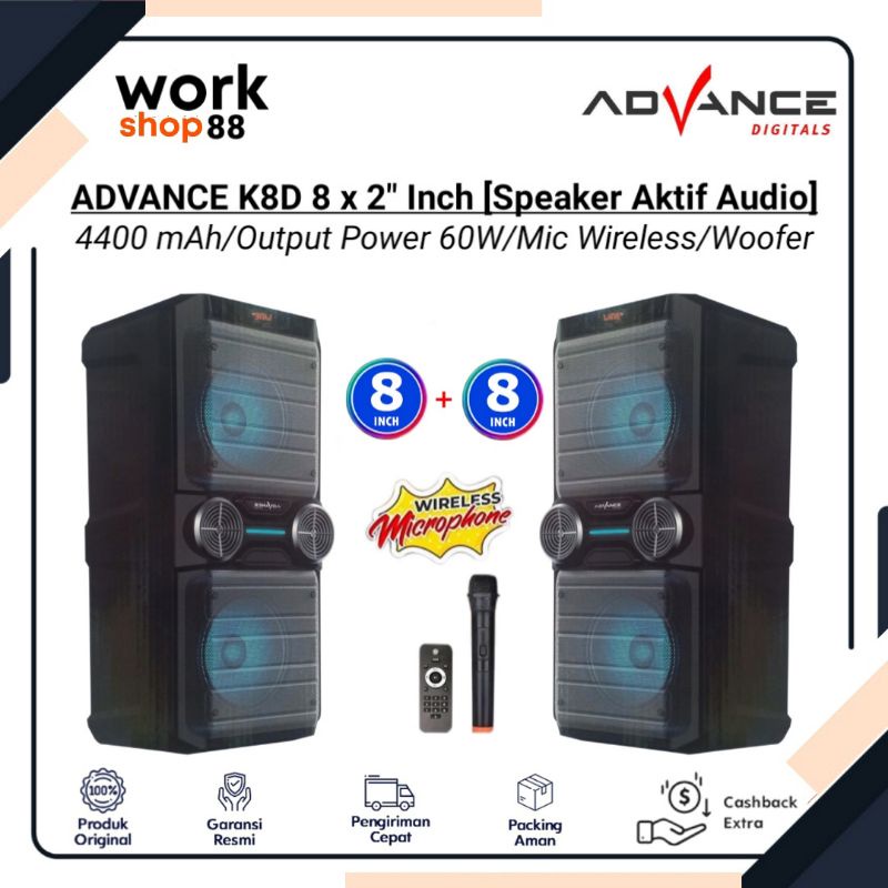 Terbaru Advance K8D 8 x 2 " Inci Speaker Aktif Portable + Remote + Mic Wireless Power 40W - New Orig