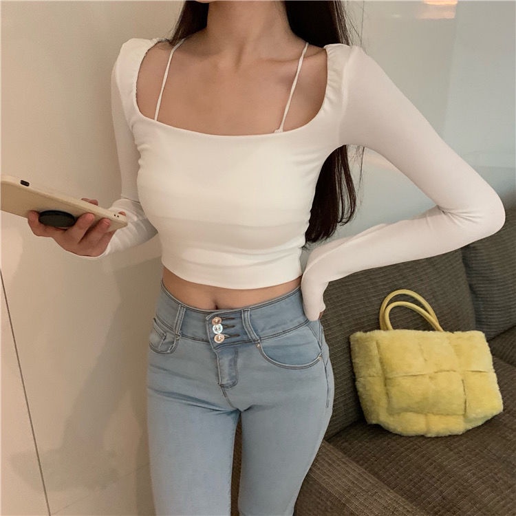 #Sisjuly# Balet angsa leher leher persegi menggali bahu T-shirt warna solid dasar elastis kemeja top