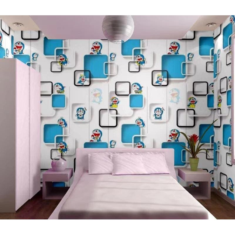 WALLPAPER STIKER DINDING DORAEMON KOTAK 3D BIRU