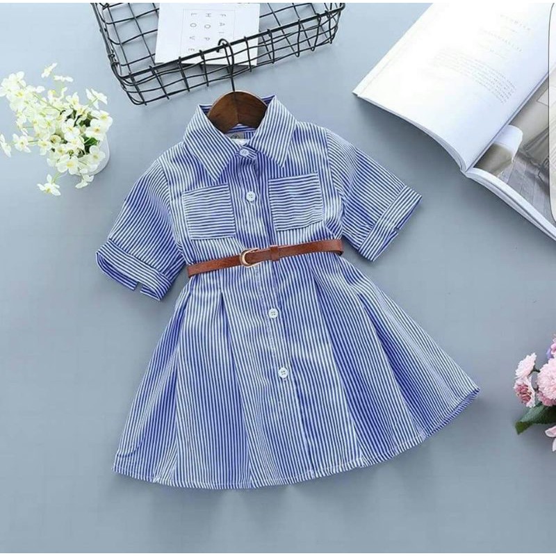 DRESS ANAK PEREMPUAN HEM STRIPE DRESS SALUR MIDI DRESS KERAH SINN FH BAJU ANAK MURAH