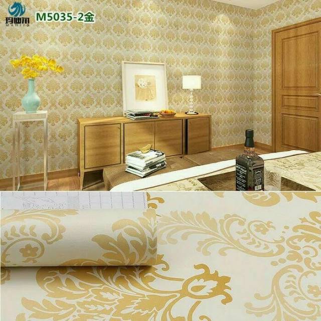 wallpaper sticker dinding motif batik emas