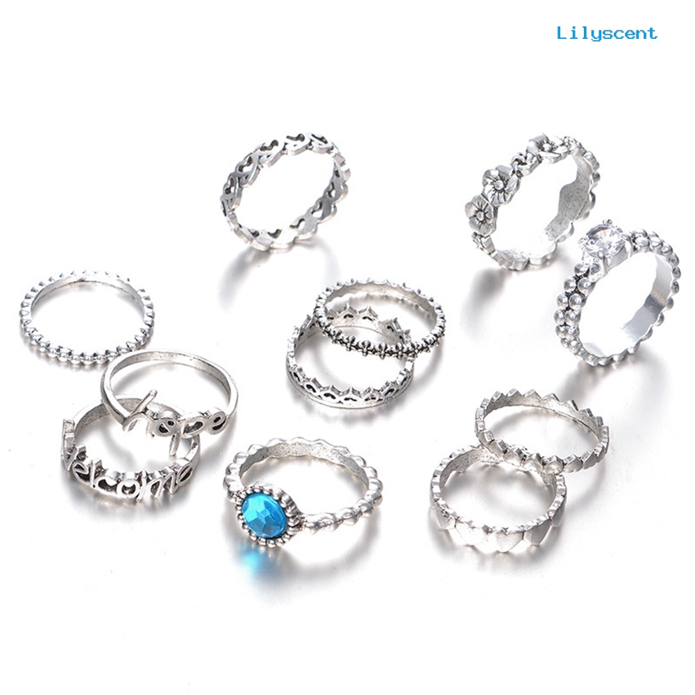 11pcs / Set Cincin Knuckle Desain Hati Hollow Aksen Zirkon Untuk Wanita