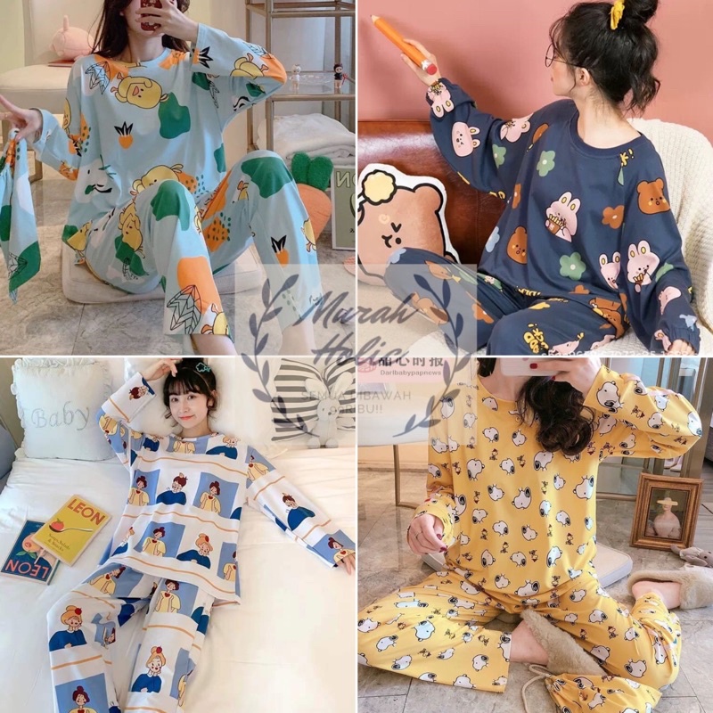 Baju Tidur Setelan Piyama Lengan Panjang Celana Panjang Set Wanita Stelan Perempuan Baju Santai Cewek Baju Rumah Hangat Fashion Korea bahan adem Import