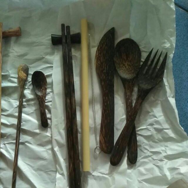 Sendok, Garpu, Pisau, Sumpit, Sedotan Set Kayu Aren