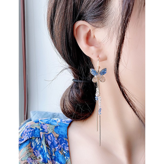 LRC Anting Tusuk Fashion Crystal Butterfly Long Tassel Alloy Earrings K75994