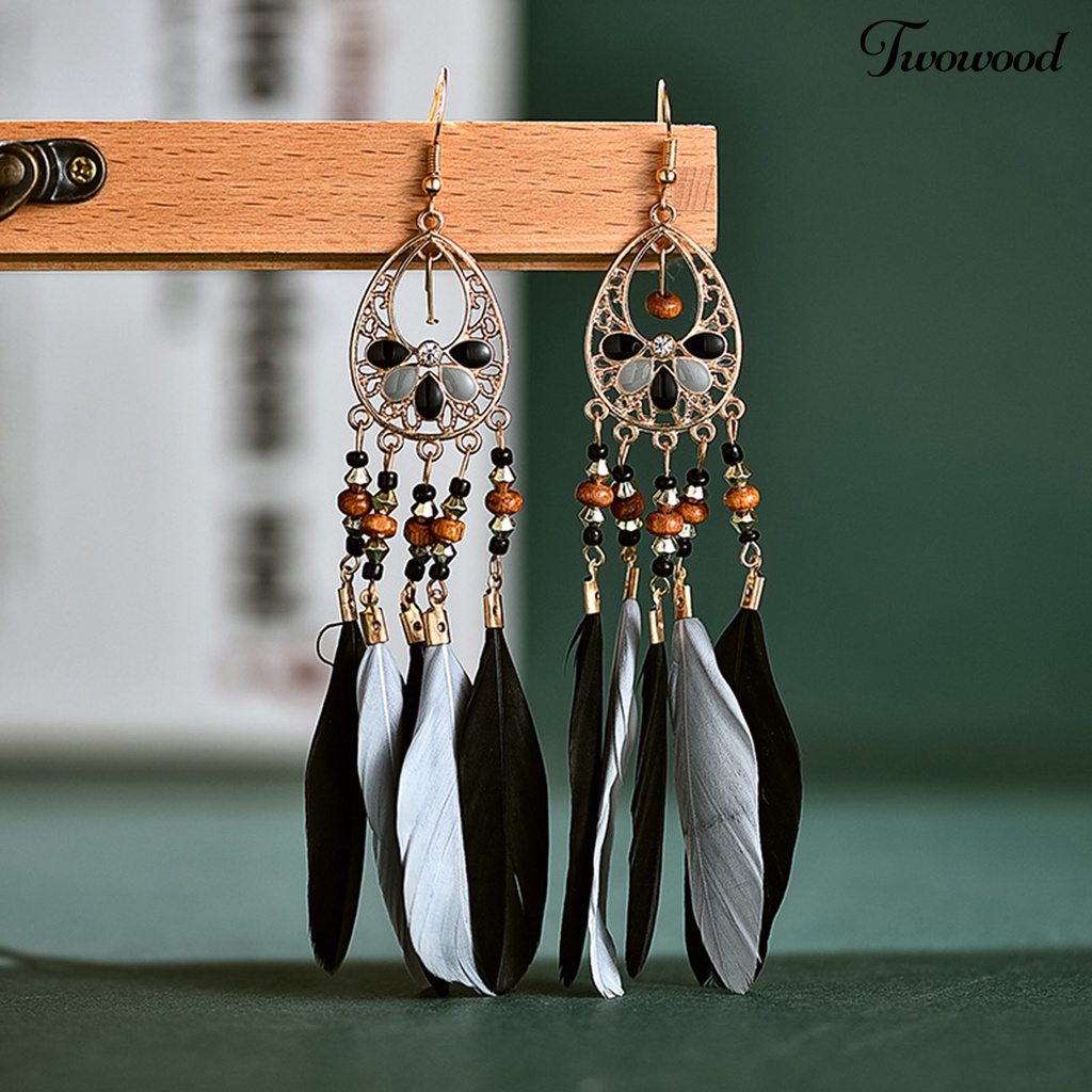 1 Pasang Anting Rumbai Panjang Aksen Bulu Bahan Kayu Gaya Bohemian Untuk Hadiah
