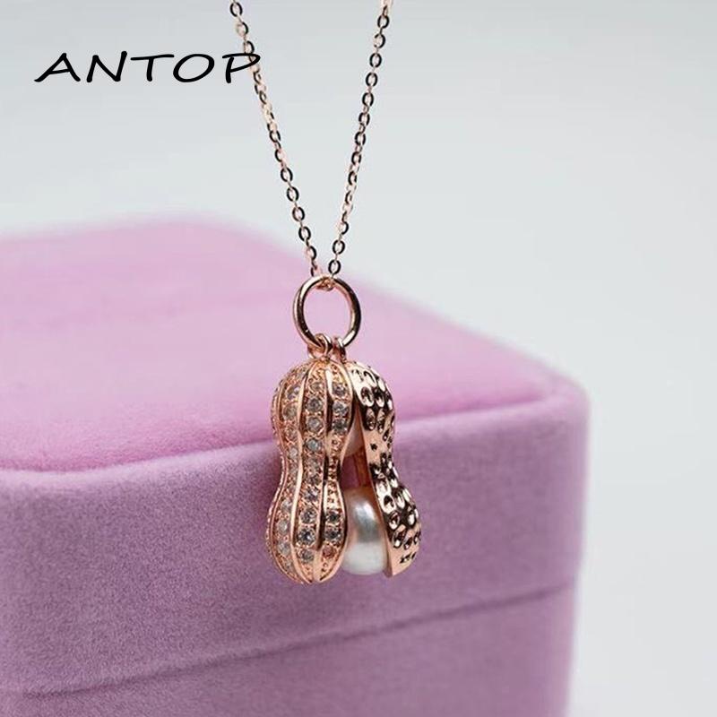 Kalung Rantai Dengan Liontin Kacang Lapis Silver / Rose Gold Aksen Mutiara Untuk Wanita