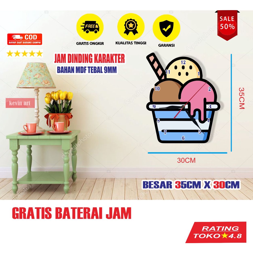 JAM DINDING BESAR LUCU UNIK KARTUN KARAKTER GAMBAR ICE CREAM DEKORASI DINDING MINIMALIS ARTISTIK ANIMASI ANAK MODERN MEWAH BAGUS ANTIK KWALITAS TERBAIK PALING LARIS