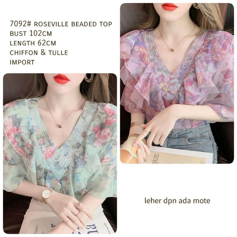 MDLV ~ 7092# Roseville Beaded Top Atasan Blouse Flower Fashion Import