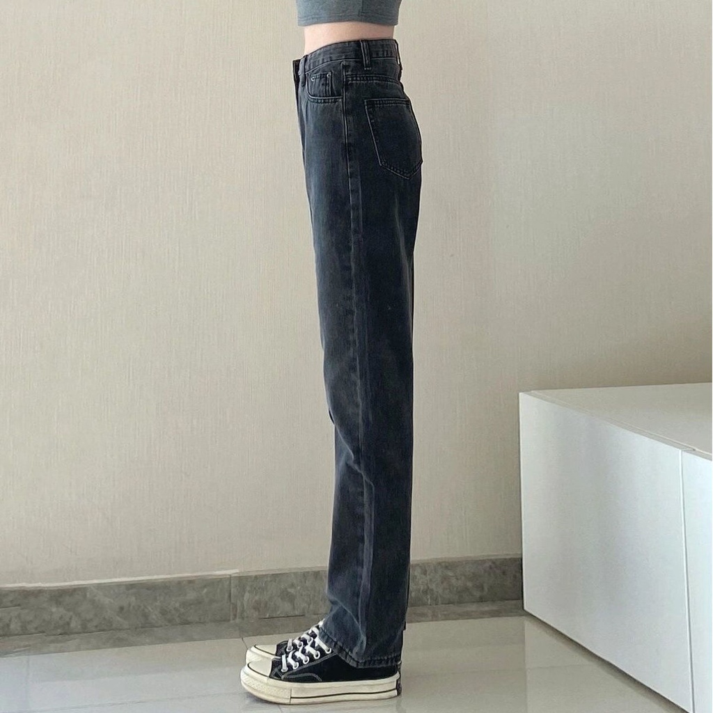 hitam new high waist straight leg celana jeans panjang wanita